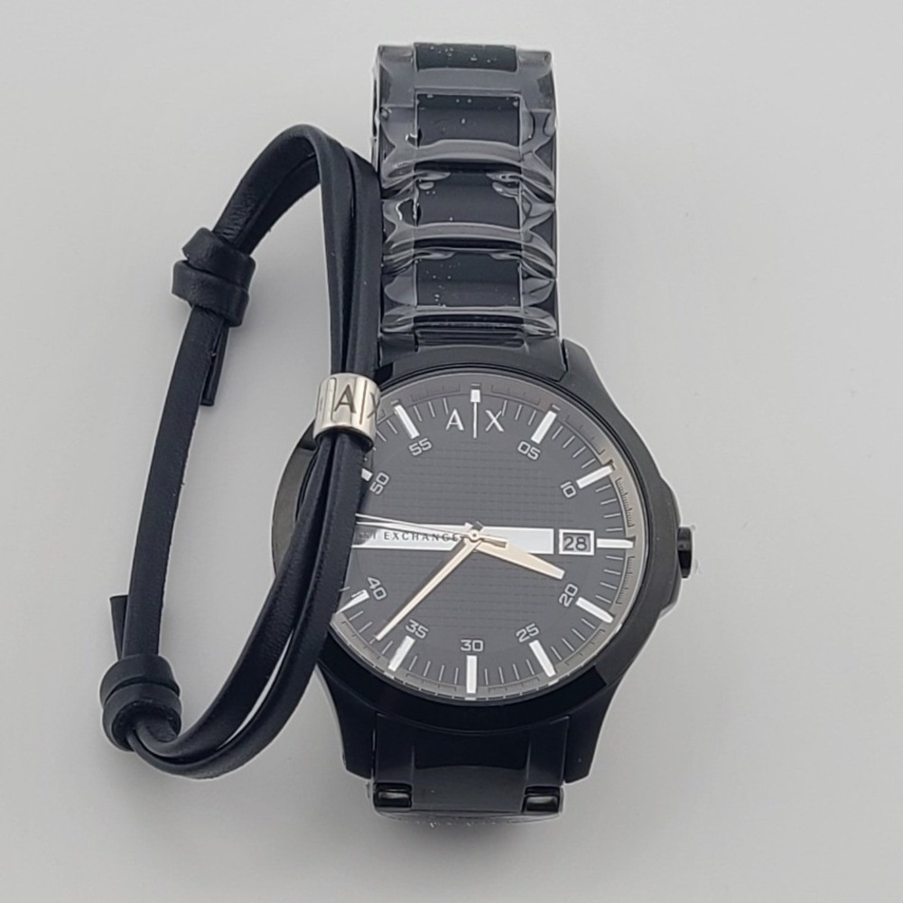 Armani Exchange AX7134 Men Black Cayde Watch and Leather Bracelet Gift Set